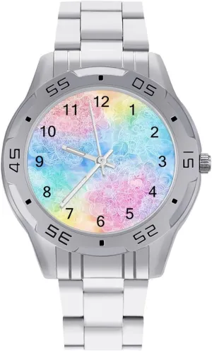 Men Metal Band Watch Business Three-Hand Watches benign industrious Gift for Boyfriend Father Colorful Mandala Flowers Wrist Watches for 