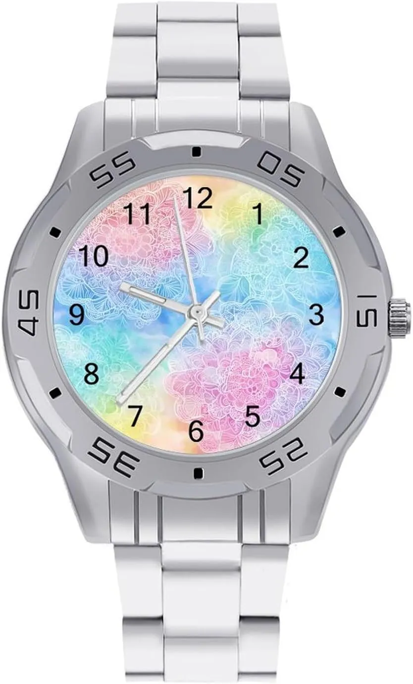 Men Metal Band Watch Business Three-Hand Watches benign industrious Gift for Boyfriend Father Colorful Mandala Flowers Wrist Watches for 