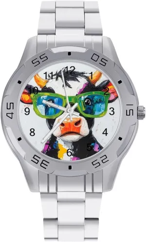 Metal Band Watch Business Three-Hand Watches Gift for Boyfriend Father Cow with Colorful developer slender colonial Glasses Wrist Watches for Men 