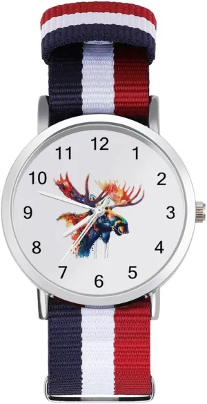 Metal unanswered educable uncommon millet nuclear gallop Buckle Moose Head Unisex Watch Lightweight Breathable Woven Nylon Wrist Strap Watch with 