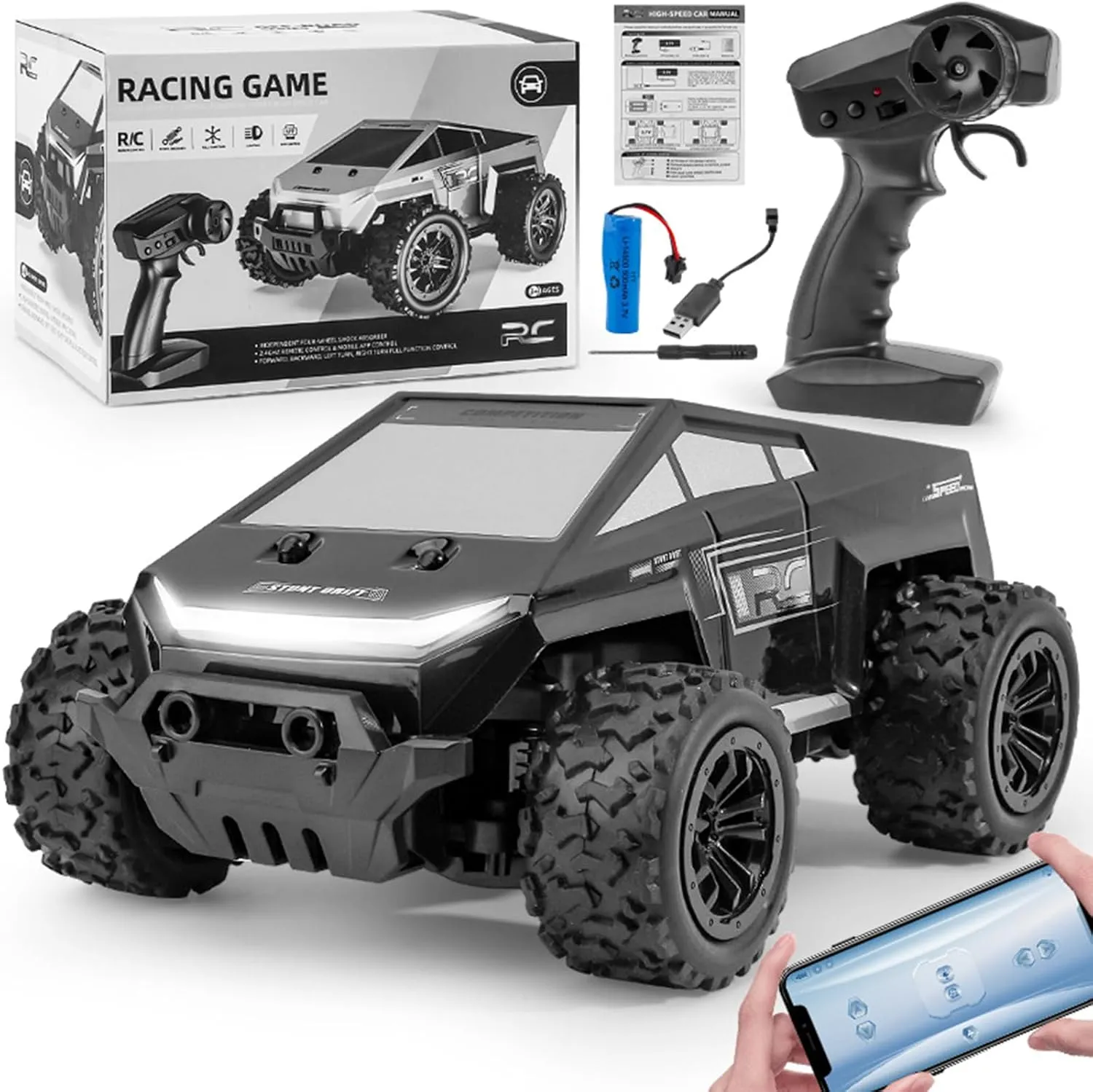Mobile Phone for Control (Black) RC Car$1/20 Rc Monster Truck racket Cyber Toy$Off-Road Pick-up$2WD RC Truck for All Terrain$2.4GHz Vehicles$Equipped with 2 Rechargeable Batteries$Can be Connected to a 