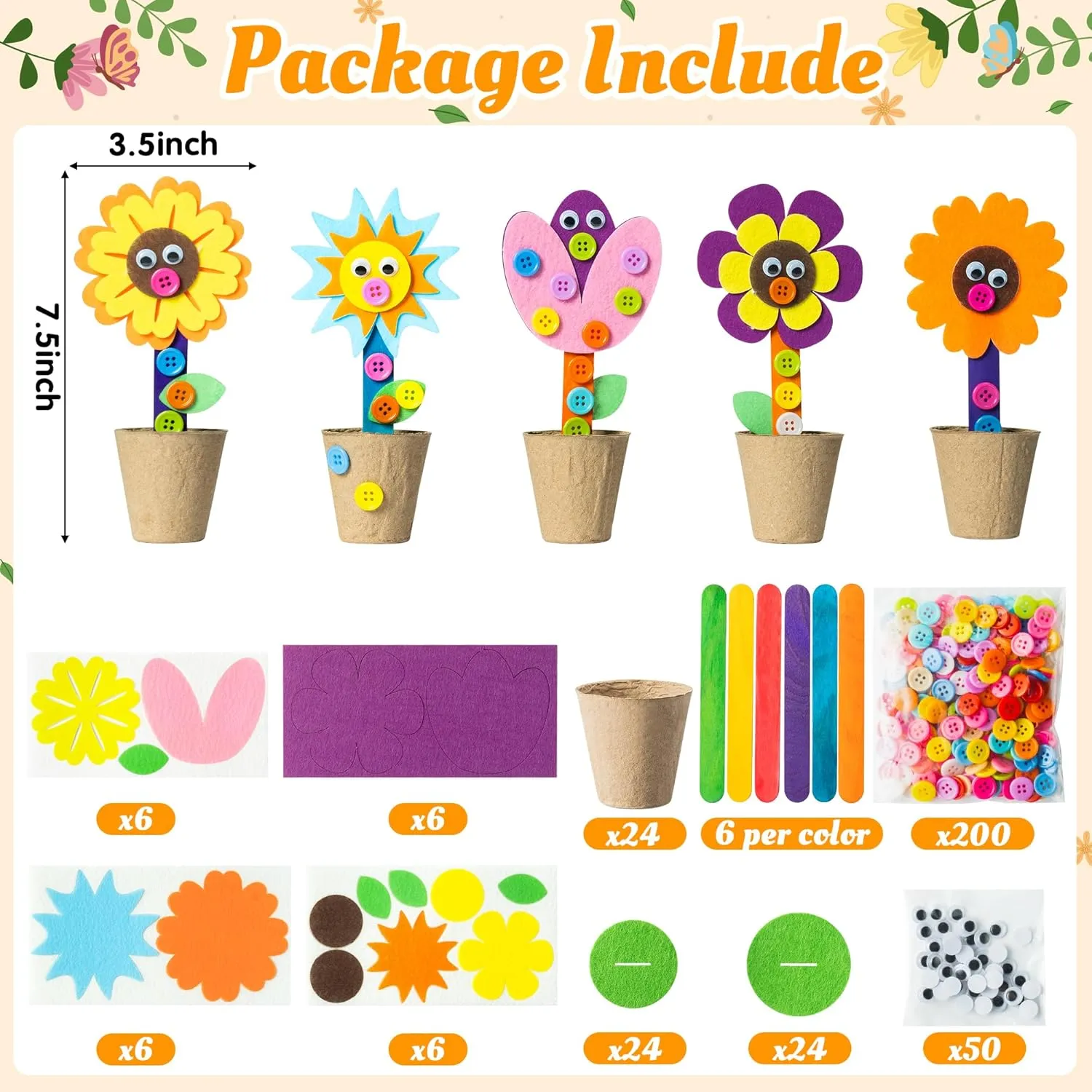 Mom Kids (16Pcs) WATINC Mother's domain Day Spring Felt Flower Craft Kits - Make Your Standing Flowers Gift Crafts with Buttons Flower Pot Decor, DIY Flowers Decorations Home School Fun Activities for 