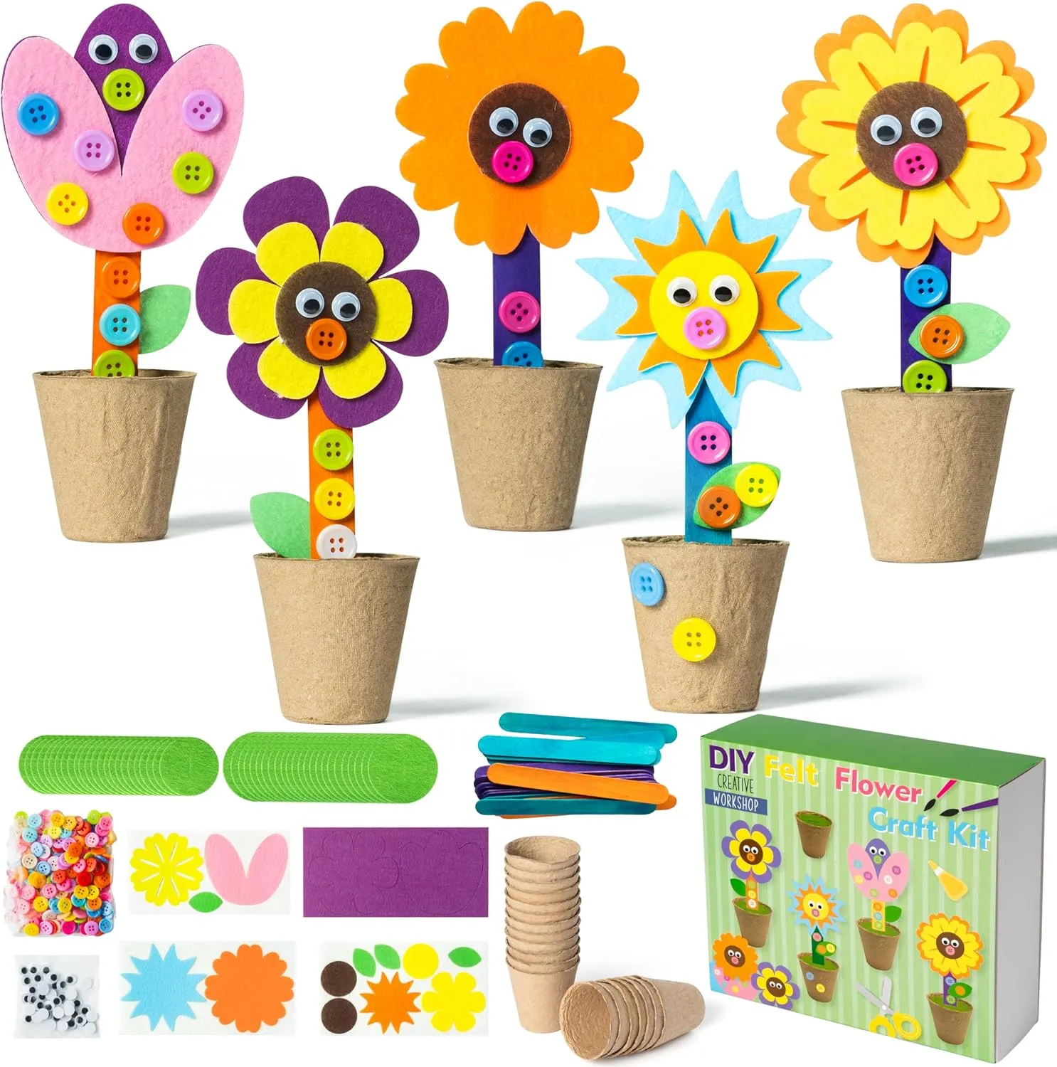 Mom Kids (16Pcs) WATINC Mother's domain Day Spring Felt Flower Craft Kits - Make Your Standing Flowers Gift Crafts with Buttons Flower Pot Decor, DIY Flowers Decorations Home School Fun Activities for 