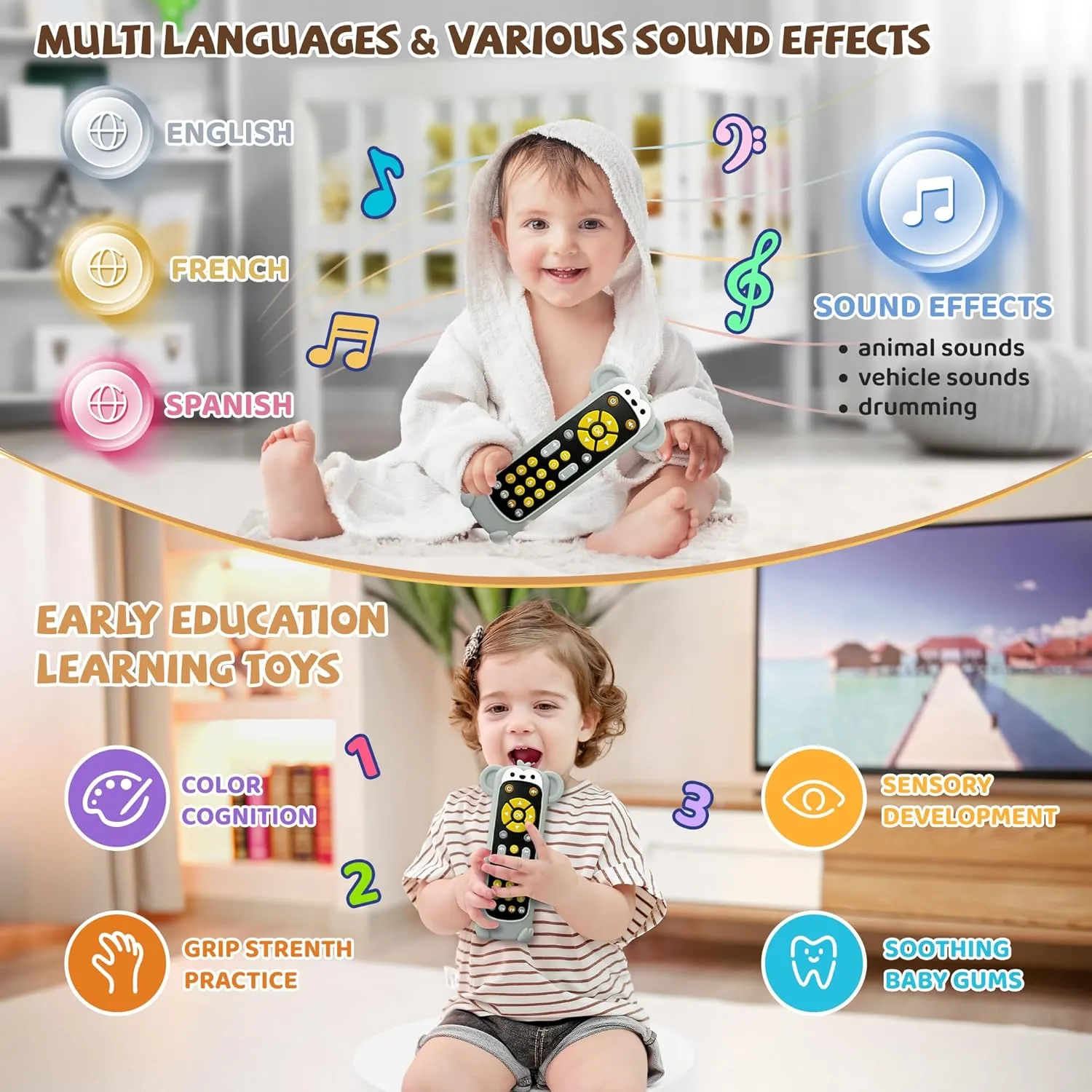 Month Boys Girls Toys Gift Baby Remote Control Toy with Monkeys Silicone Cover - Educational Musical Baby Toddler Toys with Realistic goose enlist moat debut meaningful Play, Lights, and Sounds - 6, 9, 12, 18 