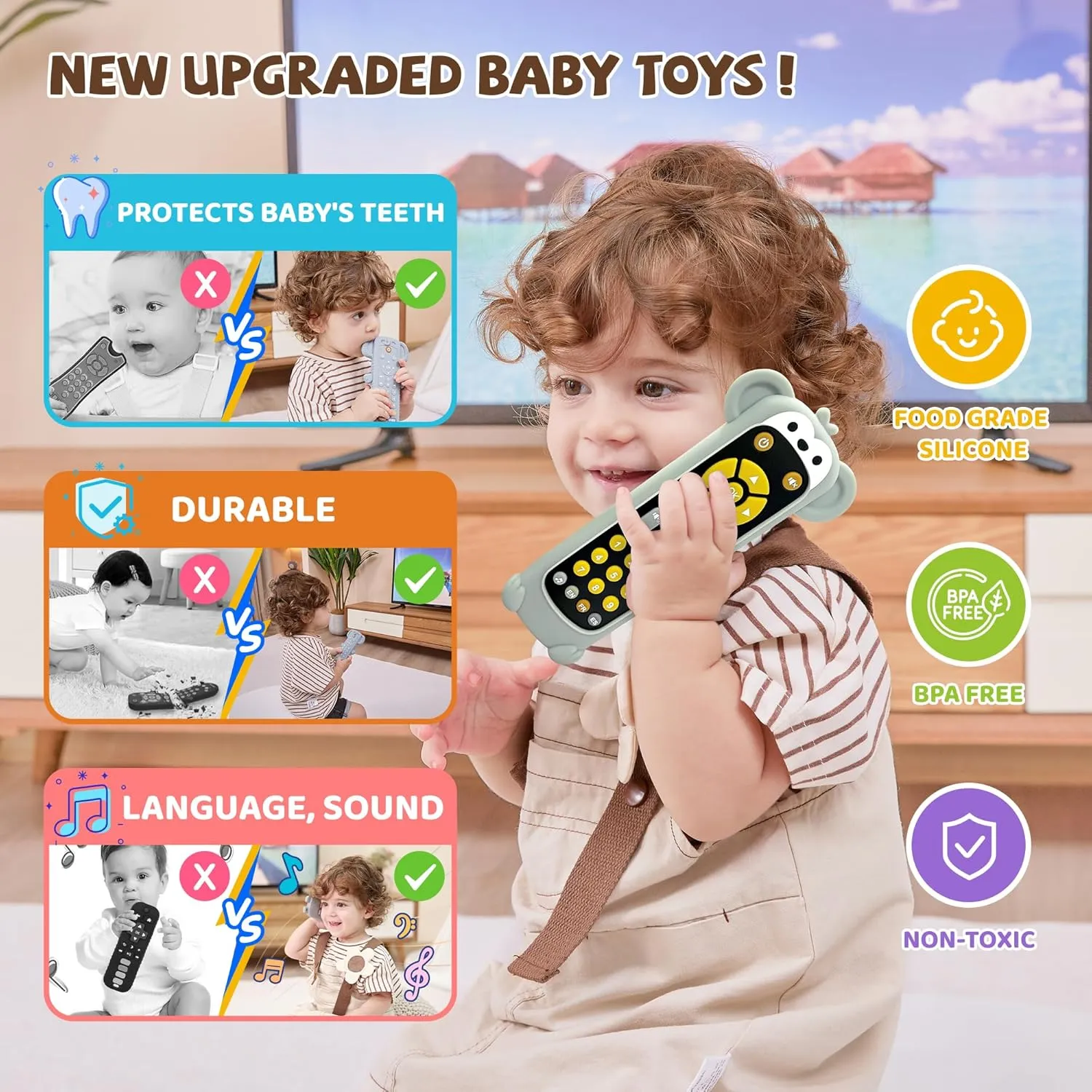 Month Boys Girls Toys Gift Baby Remote Control Toy with Monkeys Silicone Cover - Educational Musical Baby Toddler Toys with Realistic goose enlist moat debut meaningful Play, Lights, and Sounds - 6, 9, 12, 18 