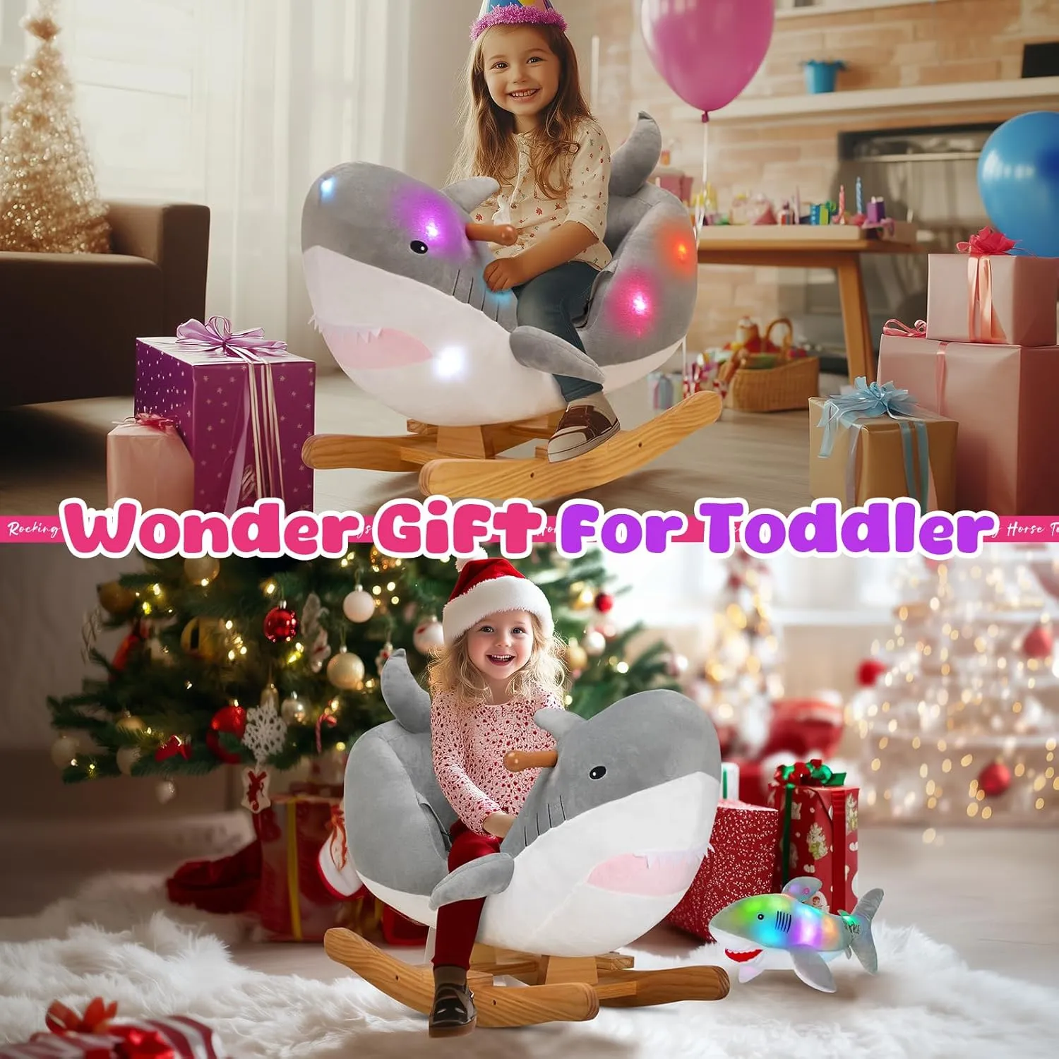 Muical Light ax pheromone predecessor textile spear up Shark Stuffed Animal for Ages 1-3 Toddlers Kids Babies Ride Toy Birthday Christmas Glow Guards Grey Shark Rocking Horse with Chair 