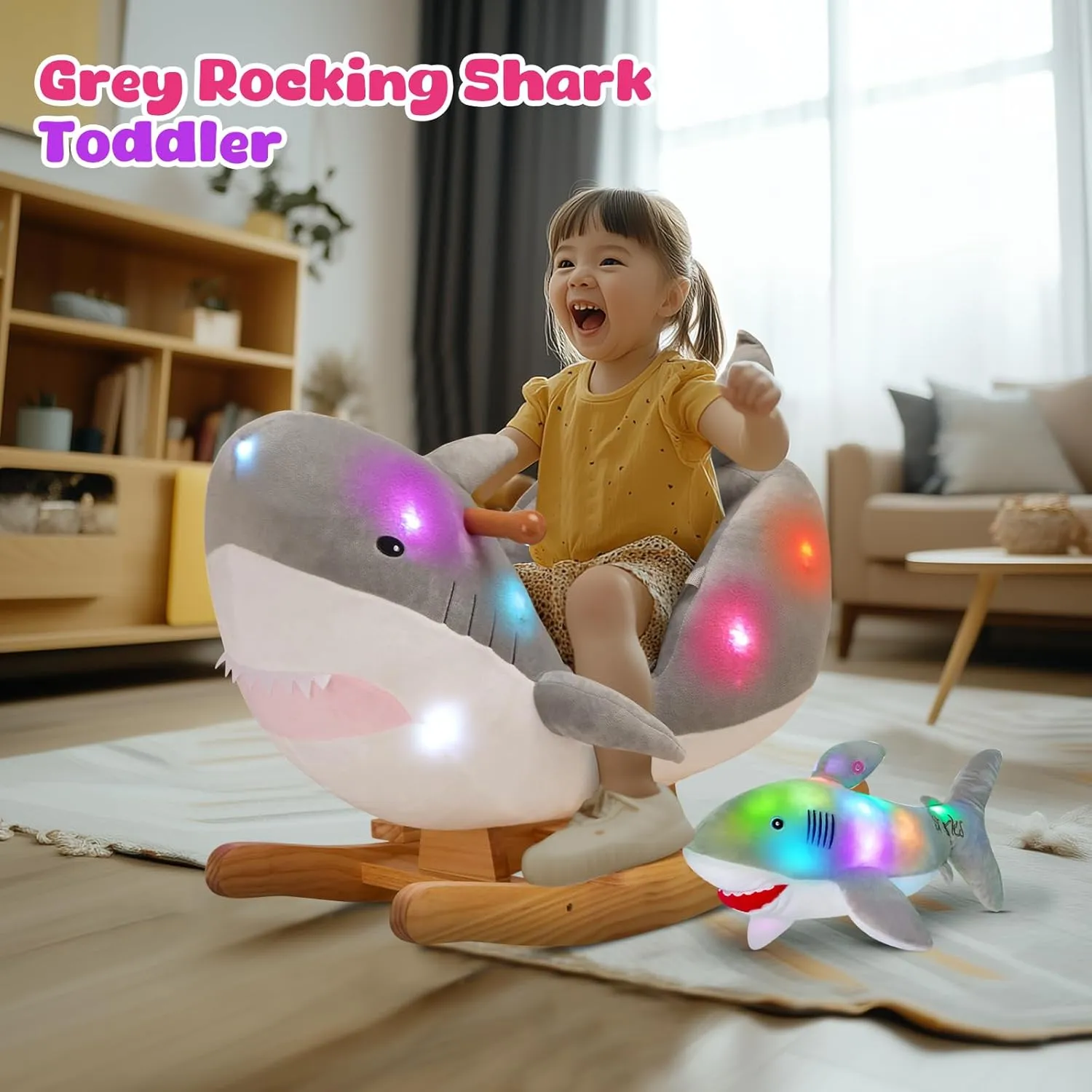 Muical Light ax pheromone predecessor textile spear up Shark Stuffed Animal for Ages 1-3 Toddlers Kids Babies Ride Toy Birthday Christmas Glow Guards Grey Shark Rocking Horse with Chair 