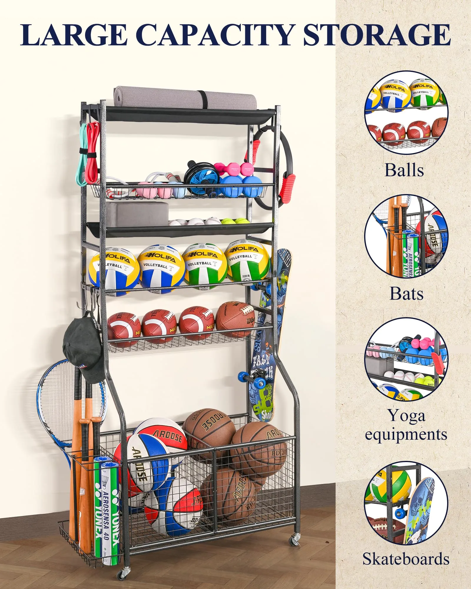 Mythinglogic Sports Equipment Garage Organizer,Garage Ball Storage for Sports Gear and Toys, Rolling Ball Cart with Wheels for Indoor/Outdoor Use