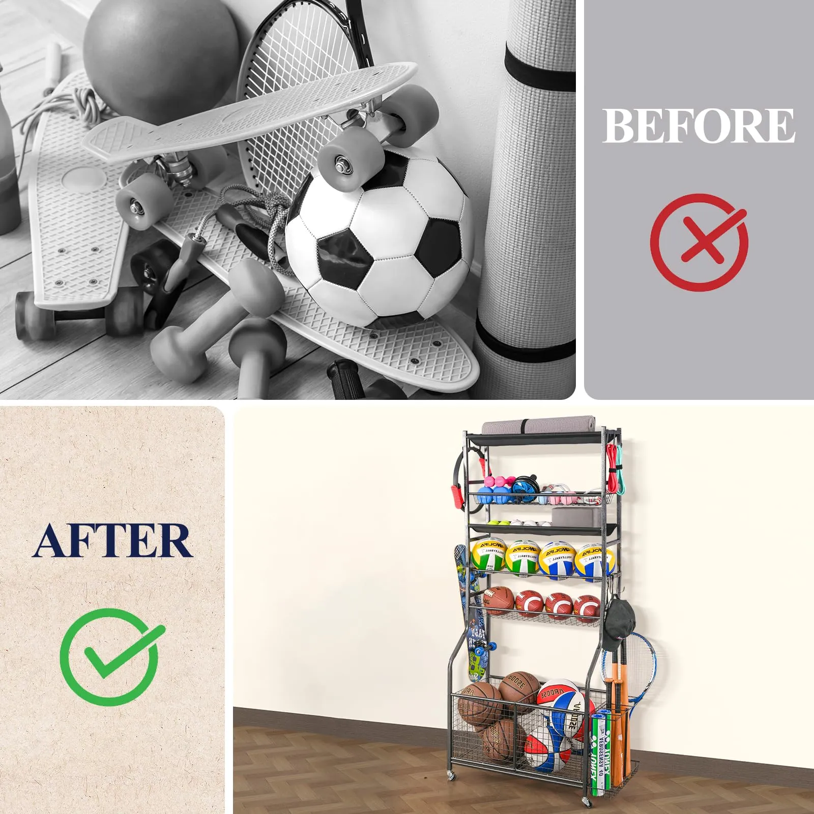 Mythinglogic Sports Equipment Garage Organizer,Garage Ball Storage for Sports Gear and Toys, Rolling Ball Cart with Wheels for Indoor/Outdoor Use