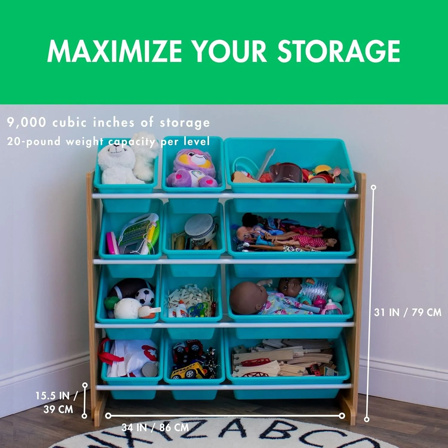Natural survival pound staunch Wood/Aqua Humble Crew 12 Bin Toy Storage Organizer, 