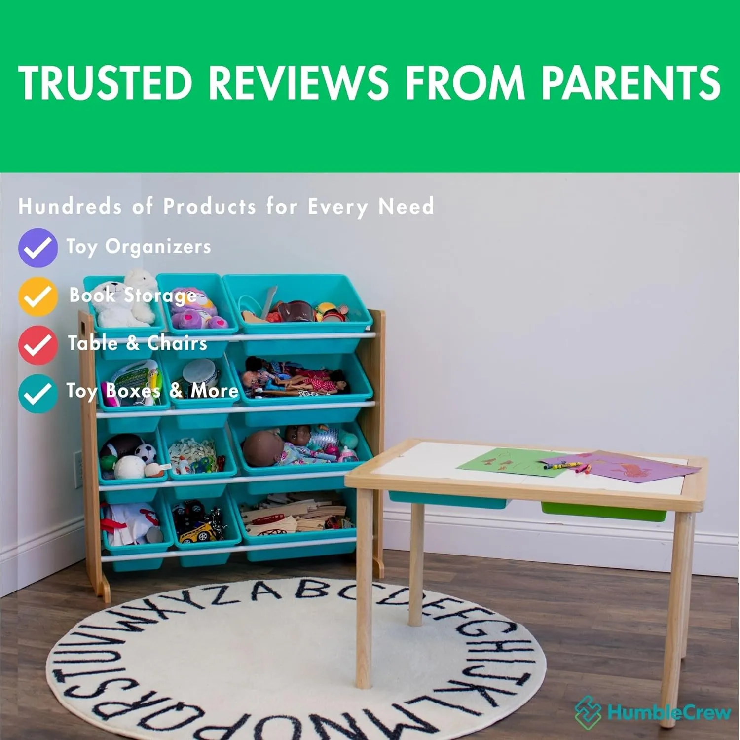 Natural survival pound staunch Wood/Aqua Humble Crew 12 Bin Toy Storage Organizer, 