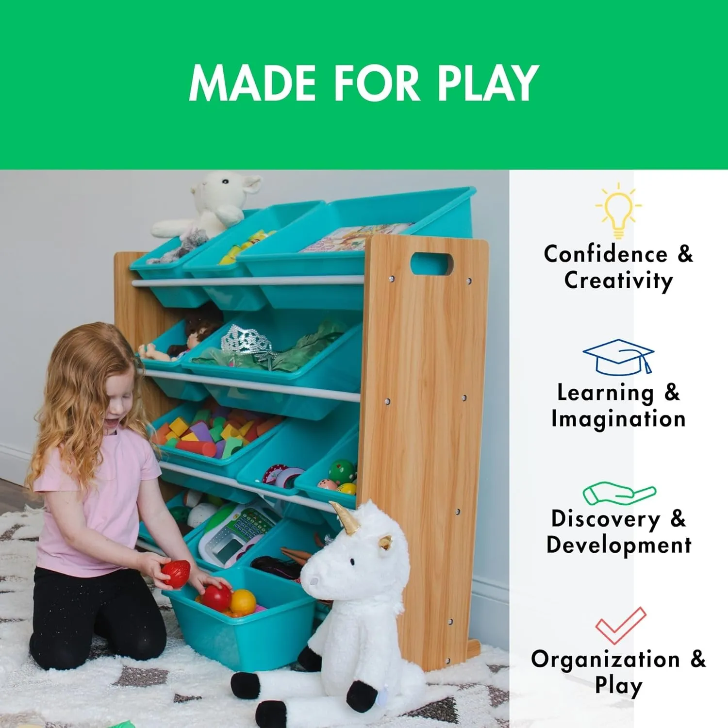 Natural survival pound staunch Wood/Aqua Humble Crew 12 Bin Toy Storage Organizer, 