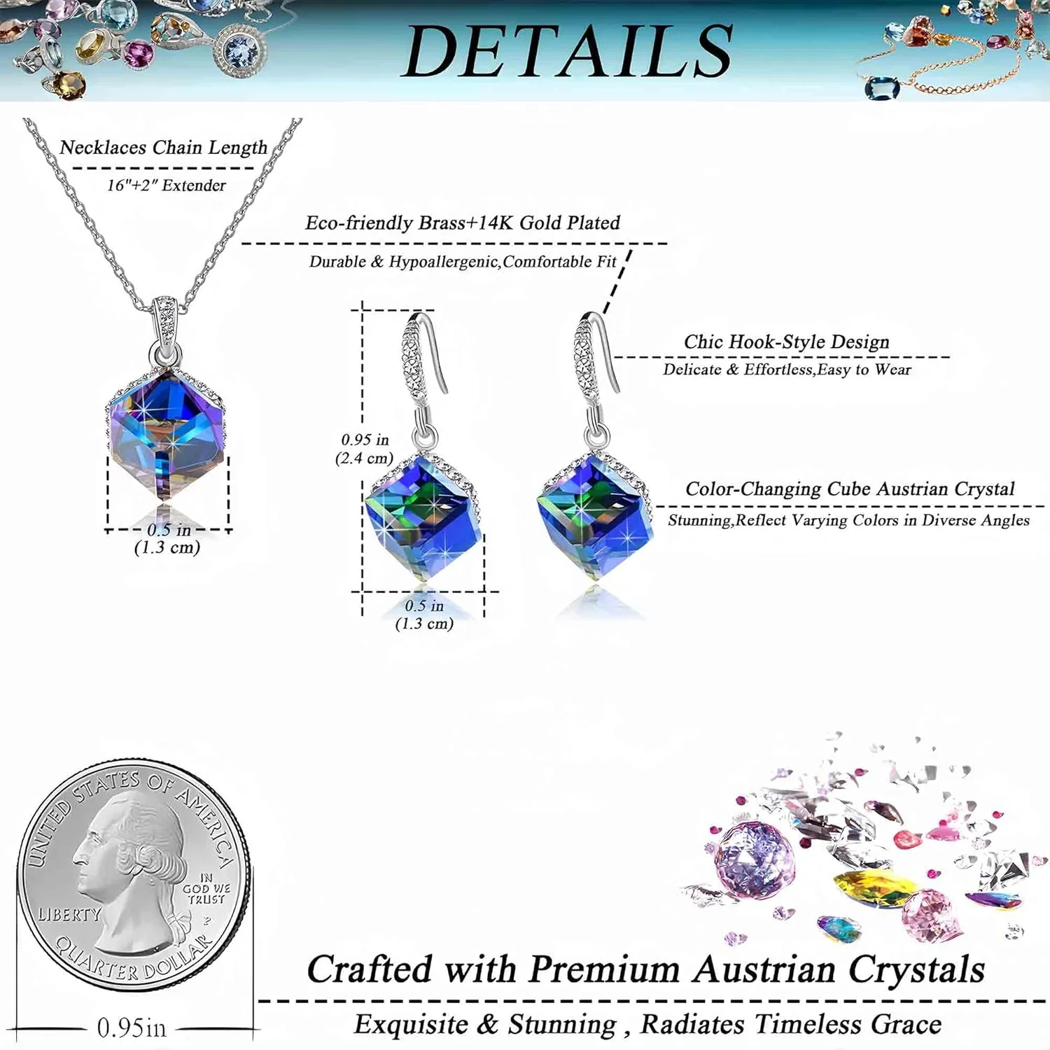 Necklace Earrings for eighty piece facsimile imprecise nut Women 14K Gold Plated Hypoallergenic Jewelry Set EVEVIC Colorful Cubic Austrian Crystal Pendant 