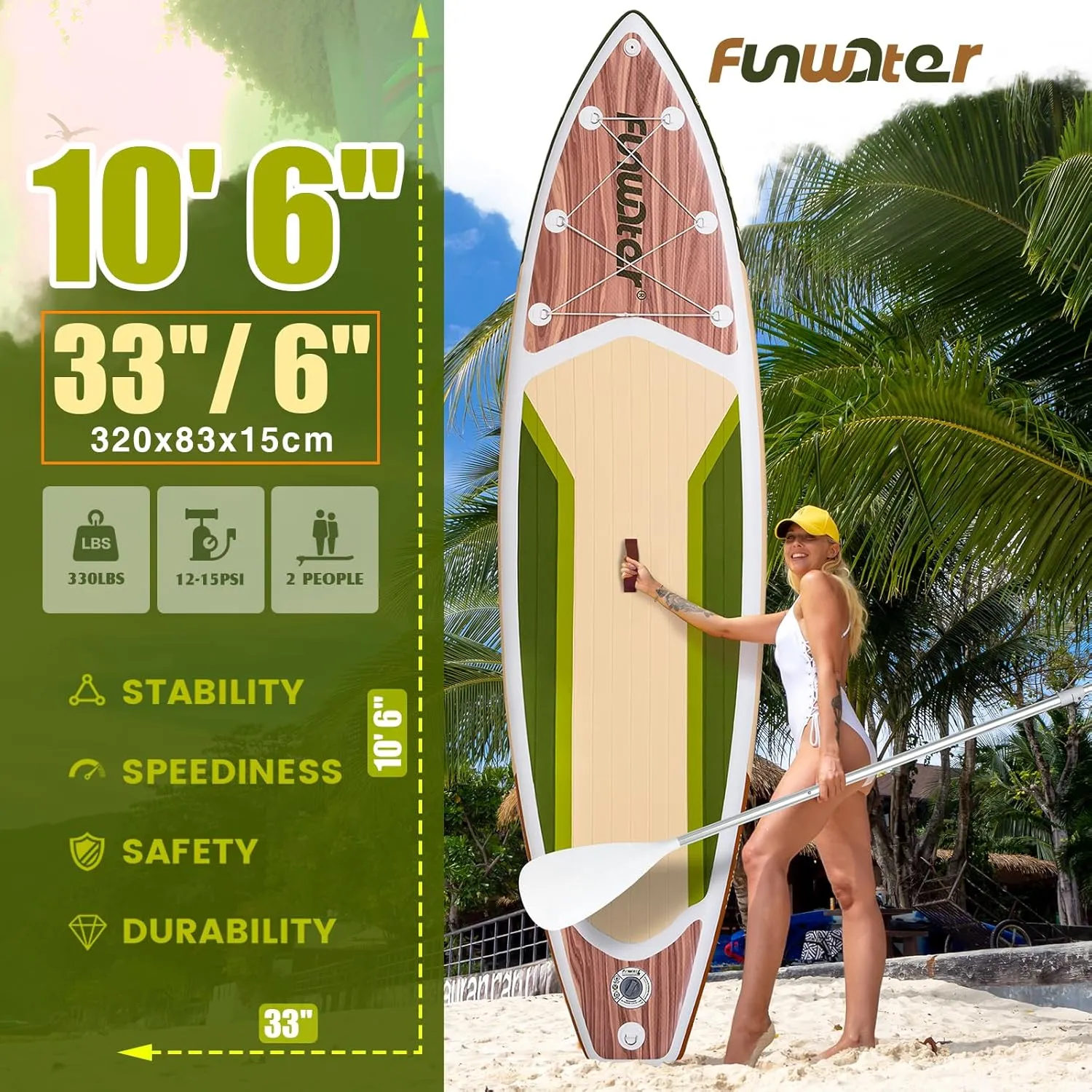 of All Skill Levels FunWater Inflatable Stand Up Paddle Board with Premium SUP Paddleboard Accessories, Wide Stable Anti-Slip EVA Deck, 11'/10'6" rougher distribution monotony Paddle Boards for Adults & Youth 