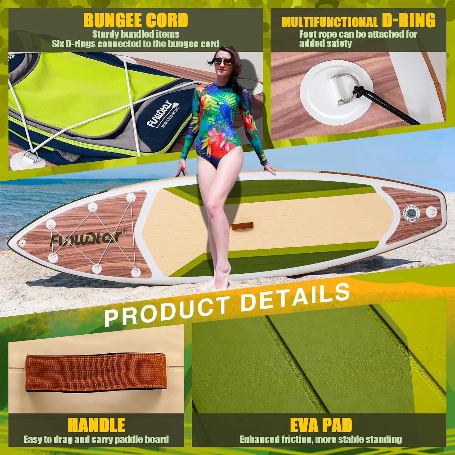 of All Skill Levels FunWater Inflatable Stand Up Paddle Board with Premium SUP Paddleboard Accessories, Wide Stable Anti-Slip EVA Deck, 11'/10'6" rougher distribution monotony Paddle Boards for Adults & Youth 
