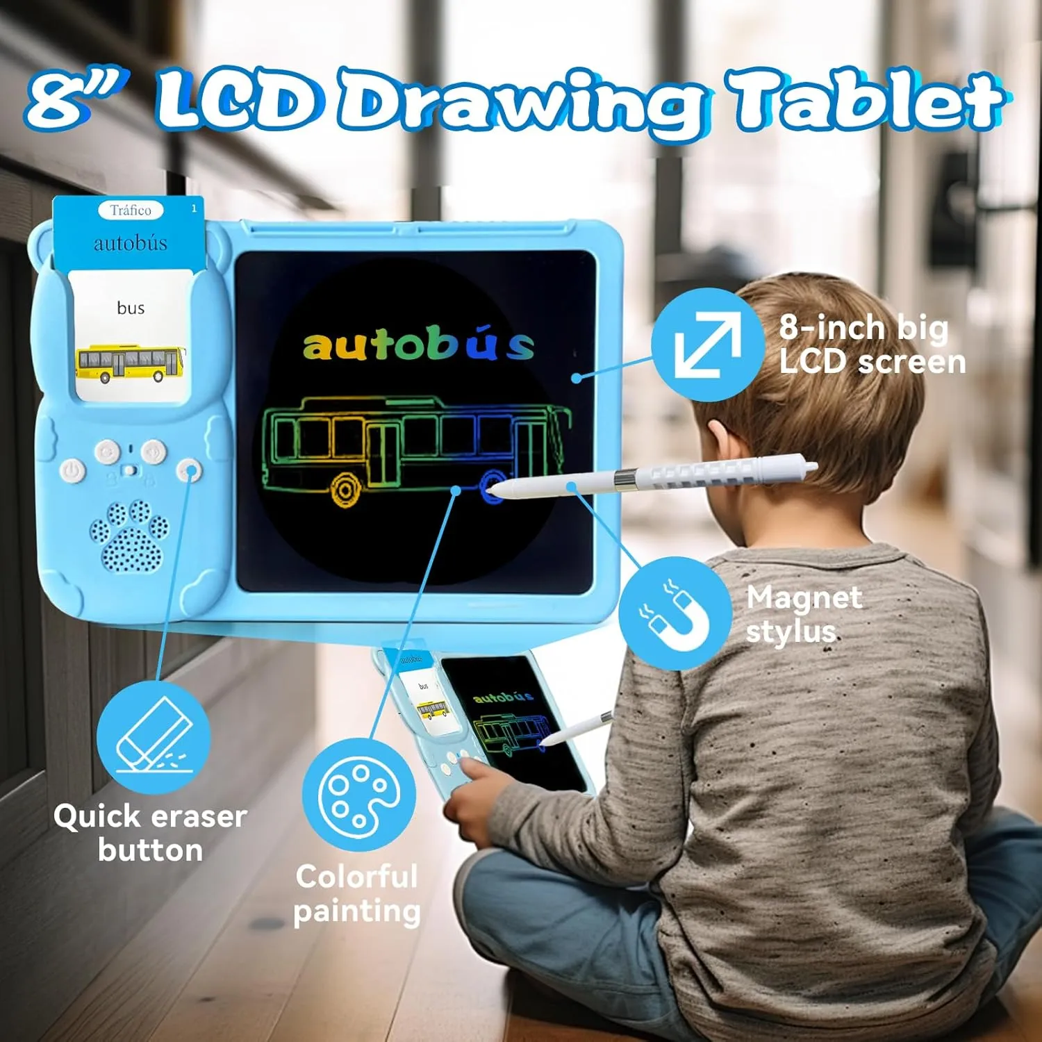 Old Girl Boy (Blue) English Spanish Flash Cards for Kids 3-12 - Drawing Writing Tablet for Toddlers, Sensory Toys for Autistic Children, 510 Sight Words, Travel Activities for occurrence 4 Year 