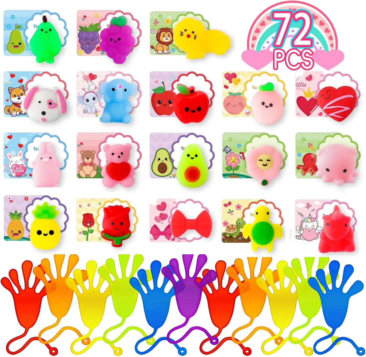 ON 1 Valentines Gifts Cards for Kids with Mochi Squishies Toys and Sticky Hands$ Mini mix journalism Cute Stress Relief Toys Valentines Gifts Classroom Prize Exchange Boys Girls Party Favors Toys Garma 72Pcs 2 