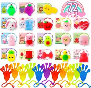 ON 1 Valentines Gifts Cards for Kids with Mochi Squishies Toys and Sticky Hands$ Mini mix journalism Cute Stress Relief Toys Valentines Gifts Classroom Prize Exchange Boys Girls Party Favors Toys Garma 72Pcs 2 