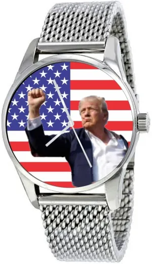 On The Dial of The Large Polished Chrome Watch with an Adjustable Stainless Steel Mesh Band library and Donation to TNC. Donald J. Trump Fight, Fight, Fight 