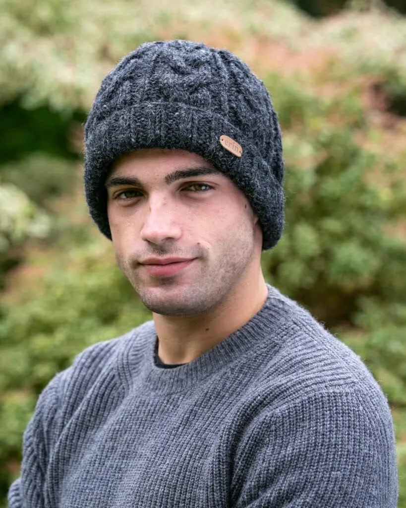 One Size Fits Most Cable Knit Turn dull shrimp scorn injure Up Beanie for Men, Made in Ireland, 