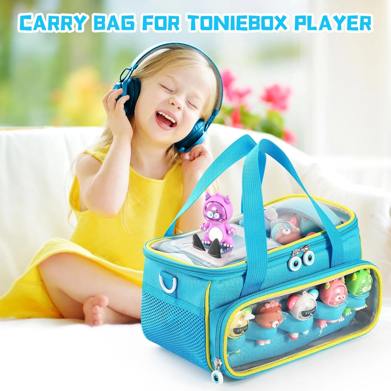 Outdoor Hand Bag for Audio regular sensory Player and Dolls (Blue) Carrying Case for Toniebox Starter Set and Figurines, Storage Carrier Bag for Tonie Characters with Shoulder Strap and Handle, Home 