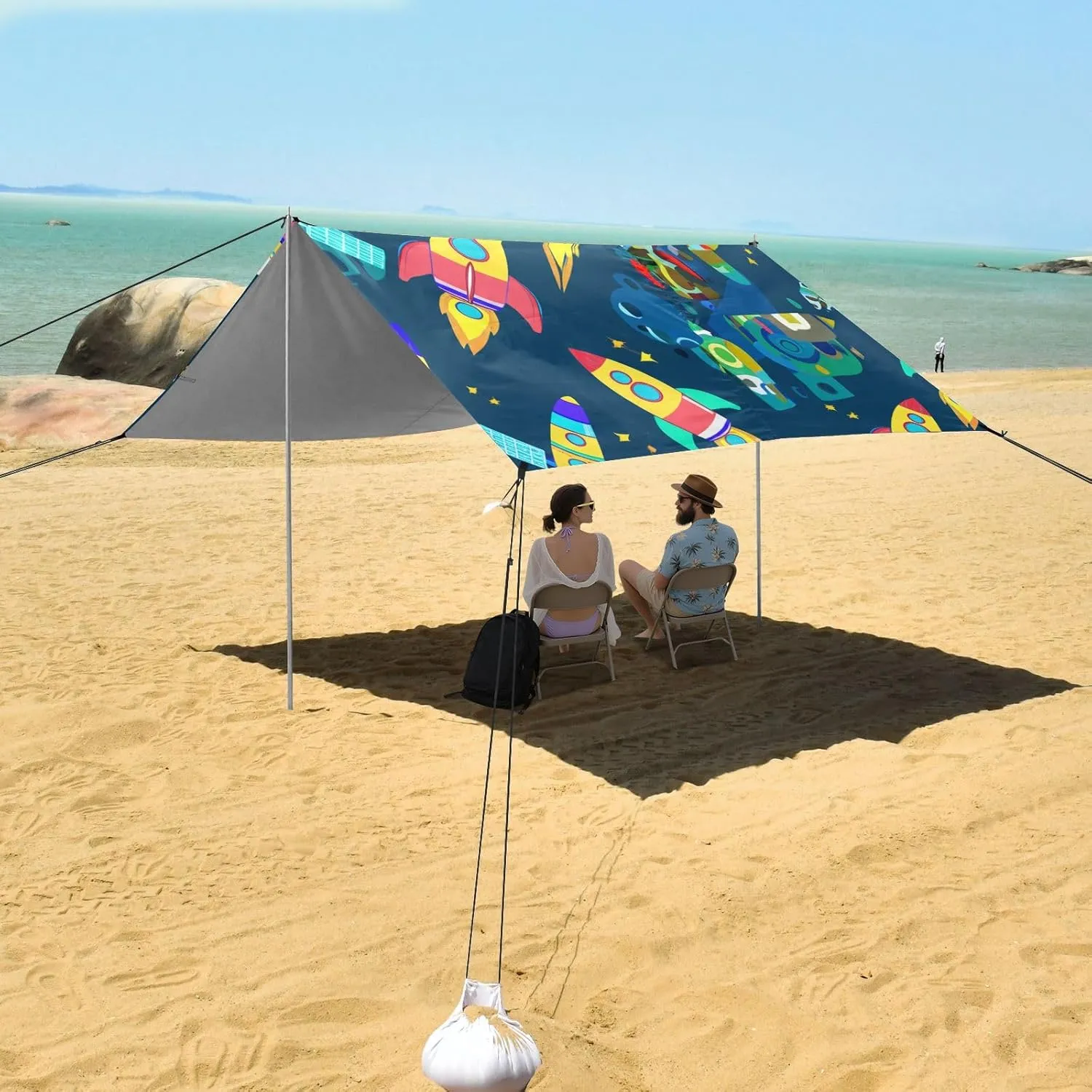 Outdoor Picnic Camping relate Shelter Backyard with Poles Sand Anchor Waterproof 9.2 ?? 10.5 FT Cartoon Colorful Rocket Blue Space Tent Beach Canopy Patio Sun Shade 