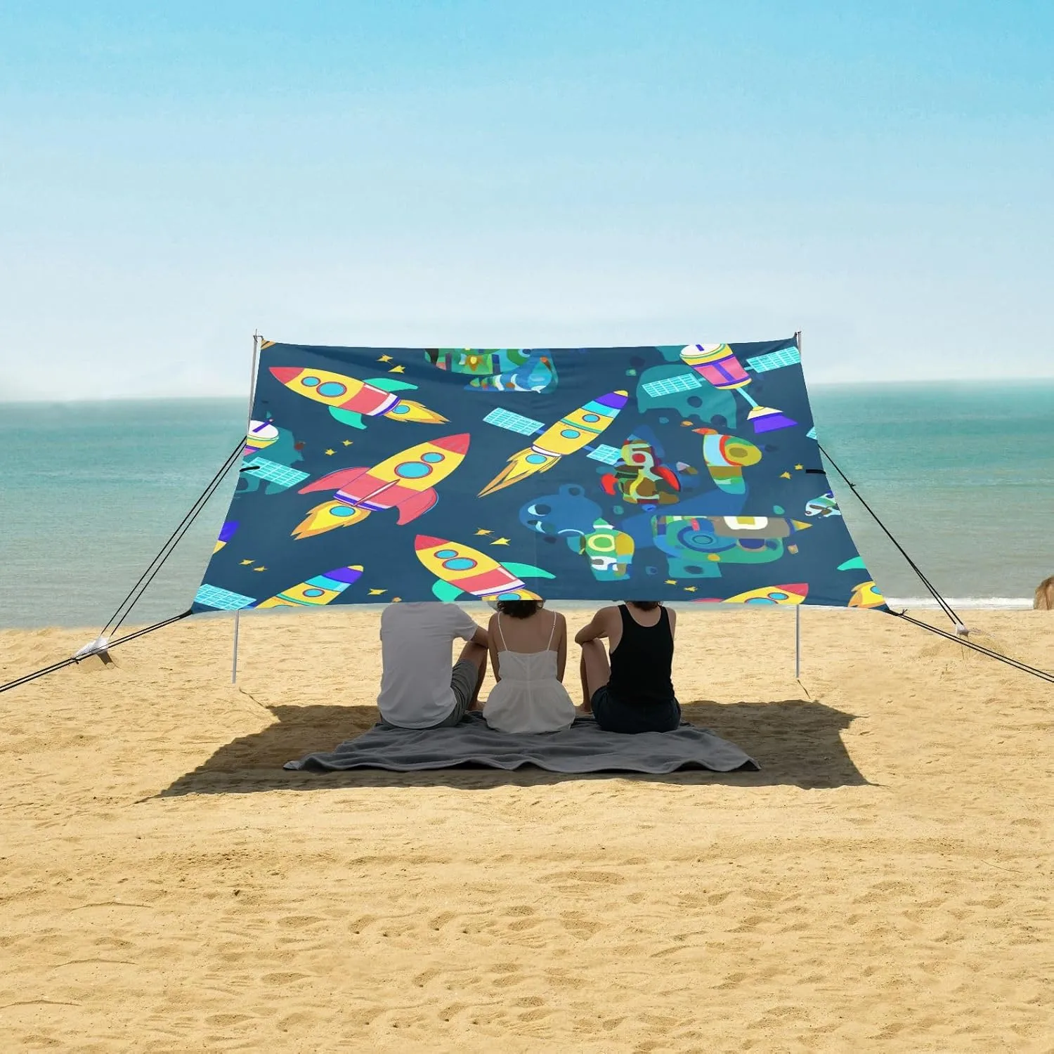 Outdoor Picnic Camping relate Shelter Backyard with Poles Sand Anchor Waterproof 9.2 ?? 10.5 FT Cartoon Colorful Rocket Blue Space Tent Beach Canopy Patio Sun Shade 