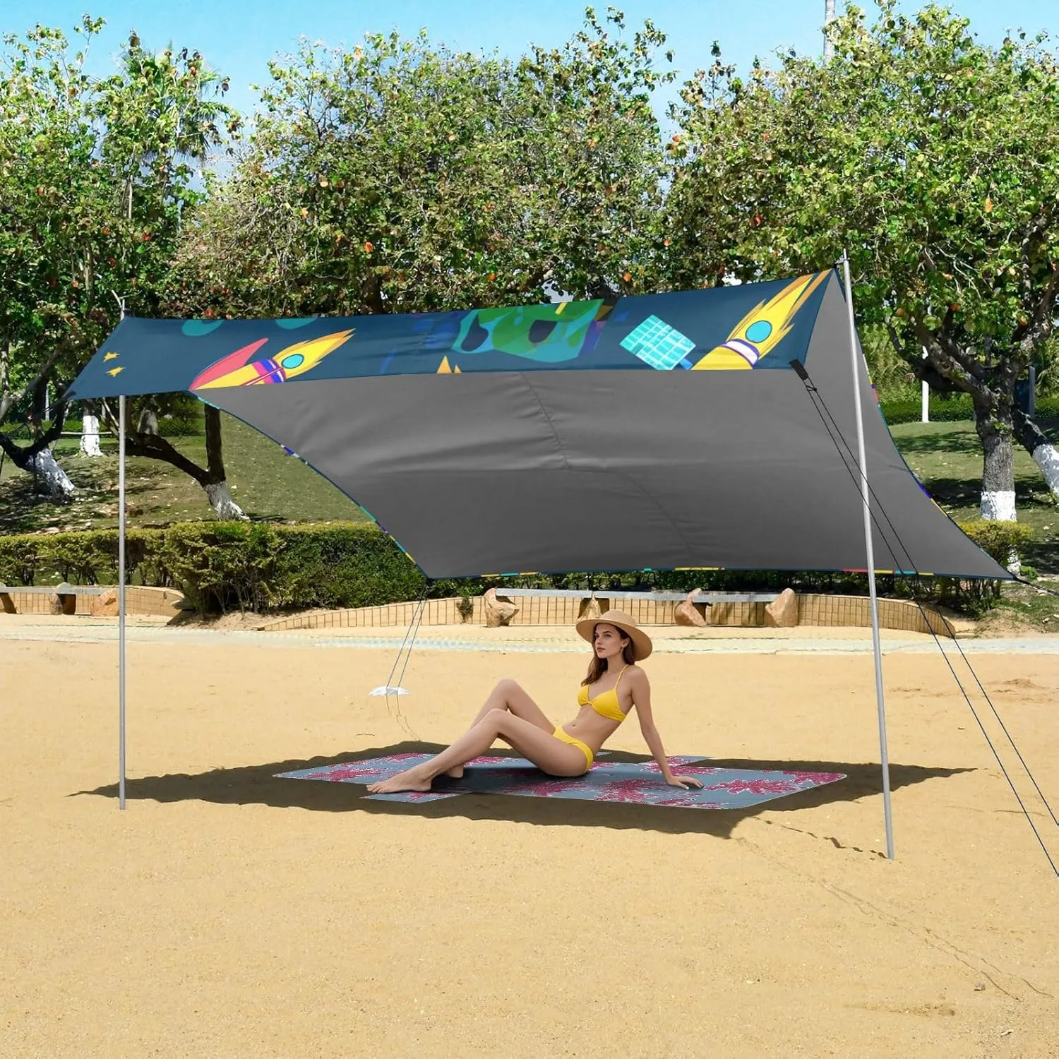 Outdoor Picnic Camping relate Shelter Backyard with Poles Sand Anchor Waterproof 9.2 ?? 10.5 FT Cartoon Colorful Rocket Blue Space Tent Beach Canopy Patio Sun Shade 