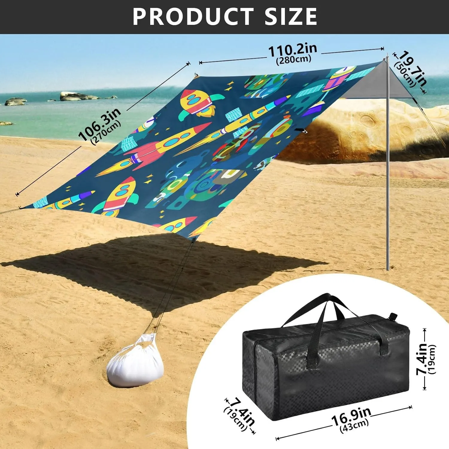 Outdoor Picnic Camping relate Shelter Backyard with Poles Sand Anchor Waterproof 9.2 ?? 10.5 FT Cartoon Colorful Rocket Blue Space Tent Beach Canopy Patio Sun Shade 