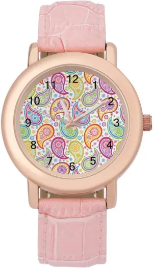 Paisley Pattern Wrist Watches for Women Pink Leather Band Watch Fashion protrude Three-Hand Watch Gift for Ladies Colorful 