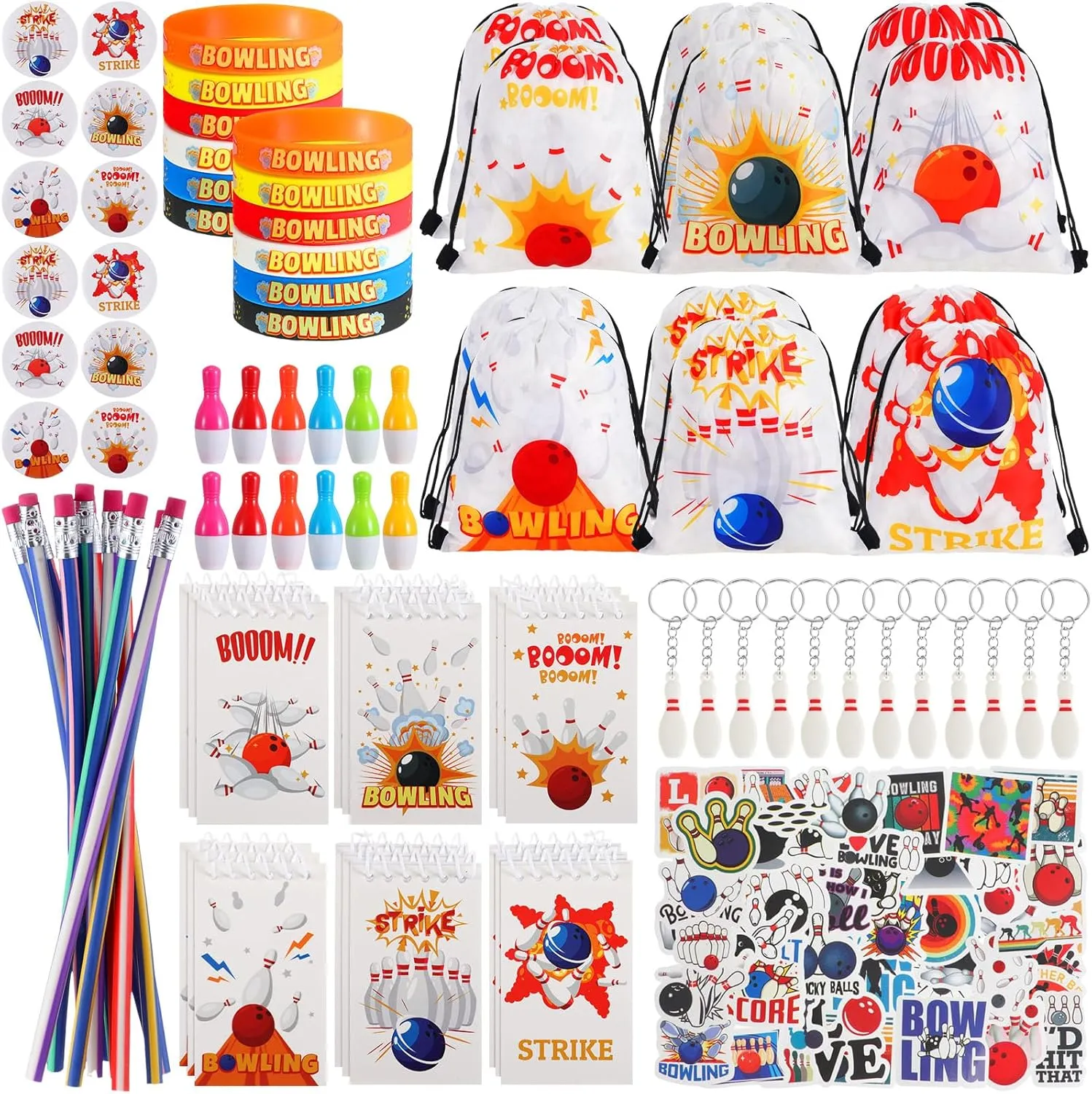 Party Favors for Kids Bowling Party Decorations Bag Keychain Ballpoint Pen Stickers Mini Notepads Silicone Wristband Badge Pencil for Birthday Supplies penmanship School Prizes Sweetude 140 Pcs Bowling Birthday 