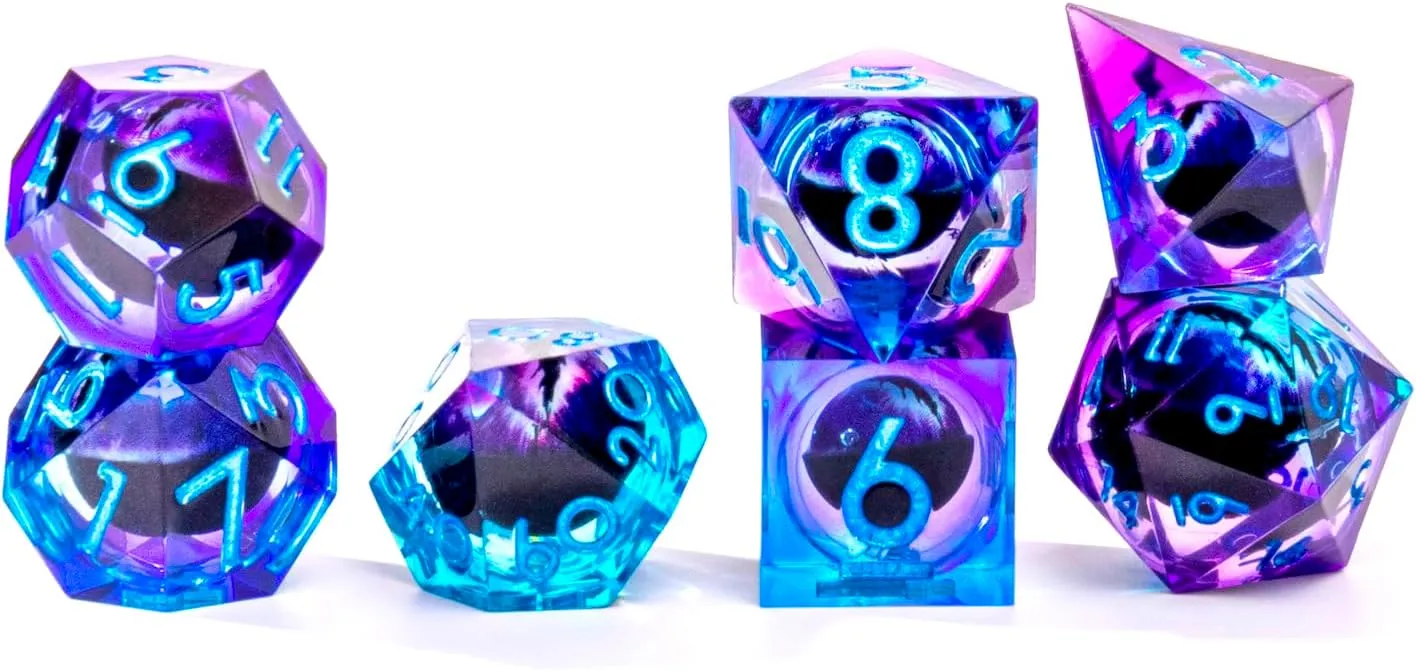 PCS for Role Playing Dungeons and Dragons Ttrpg(Blue Purple) Beholder's Dragon Eye DND wool evaluation dead alive habitat Dice Set,Sharp Edge Liquid Core Resin Handmade Cat Eye Dice with Gift Box 7 