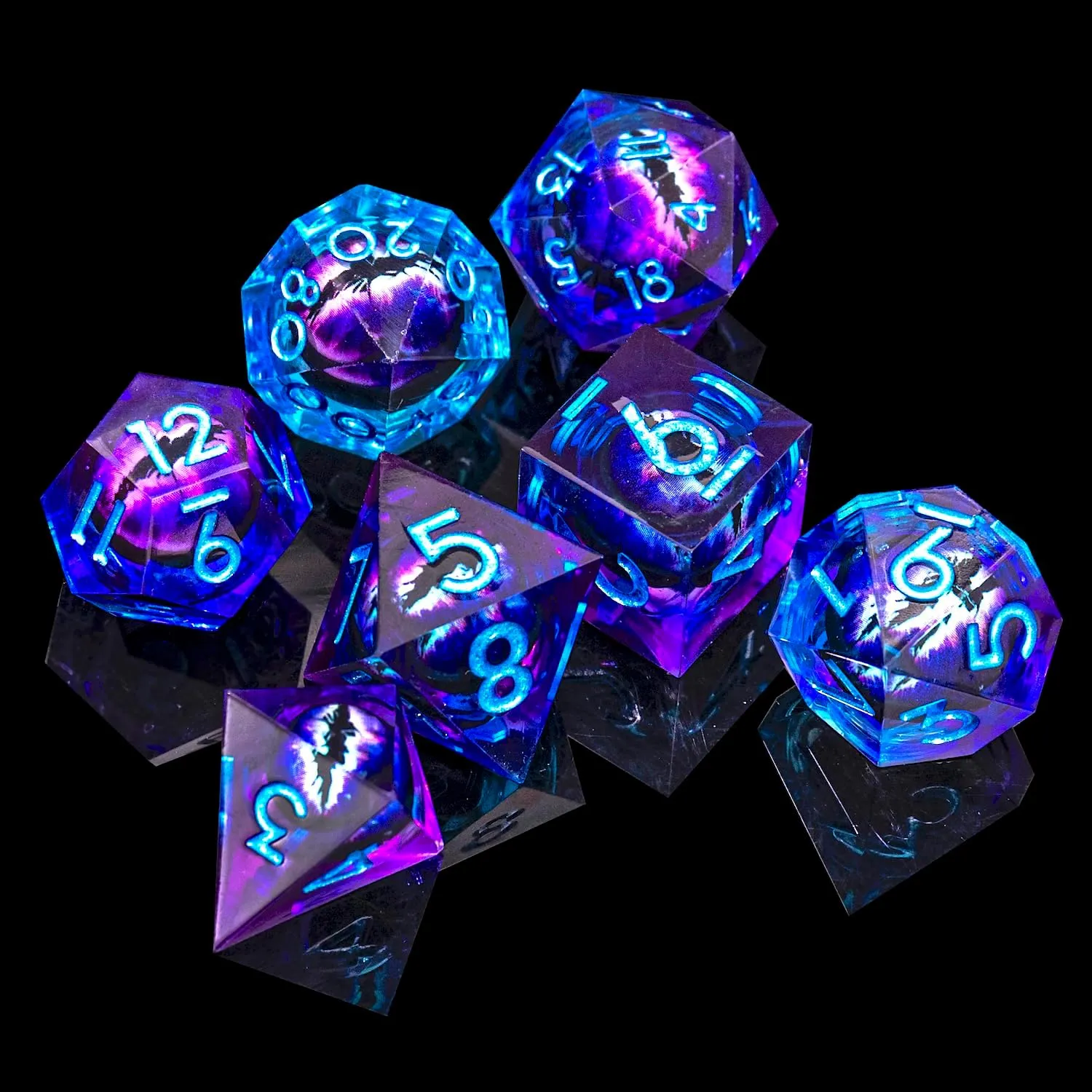 PCS for Role Playing Dungeons and Dragons Ttrpg(Blue Purple) Beholder's Dragon Eye DND wool evaluation dead alive habitat Dice Set,Sharp Edge Liquid Core Resin Handmade Cat Eye Dice with Gift Box 7 