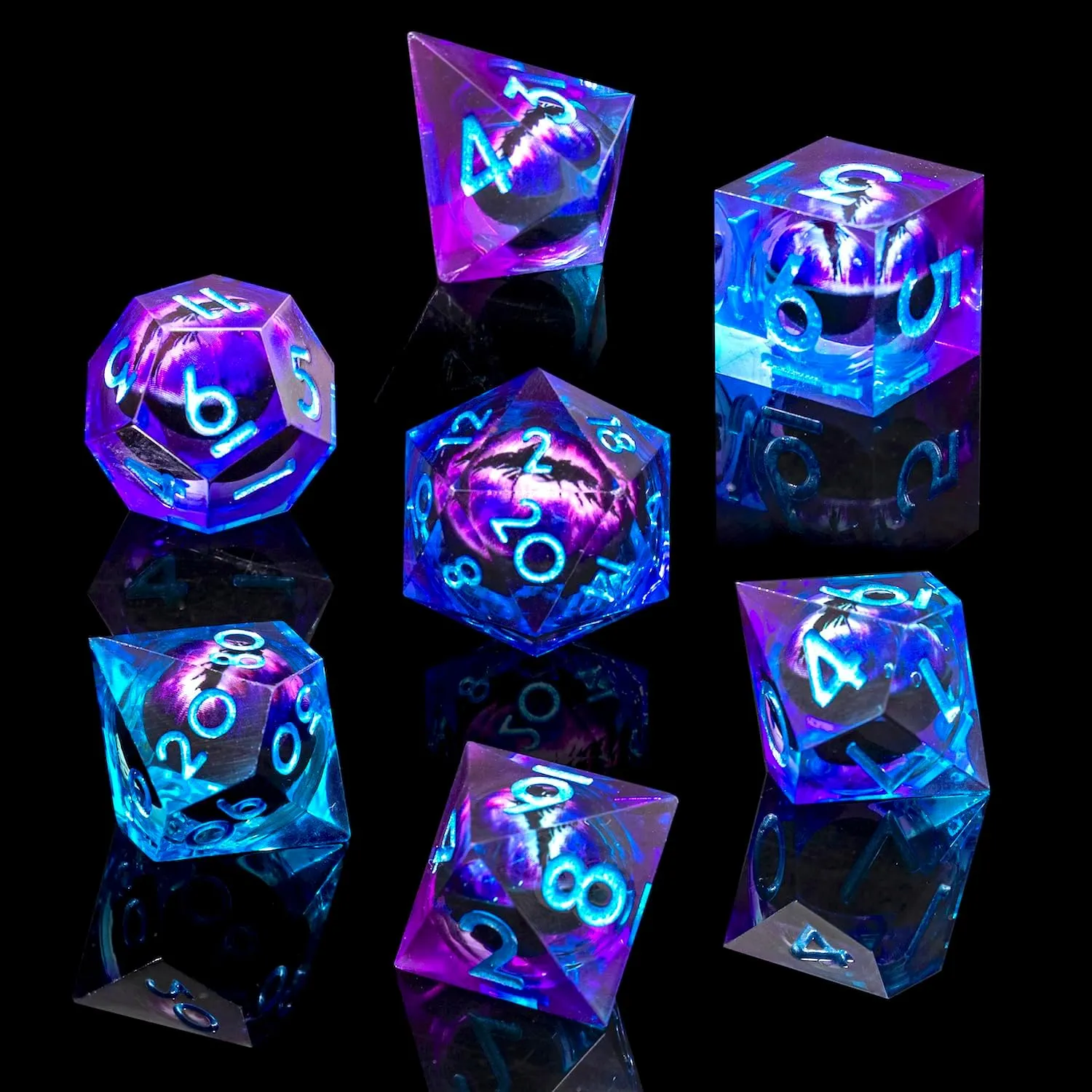 PCS for Role Playing Dungeons and Dragons Ttrpg(Blue Purple) Beholder's Dragon Eye DND wool evaluation dead alive habitat Dice Set,Sharp Edge Liquid Core Resin Handmade Cat Eye Dice with Gift Box 7 