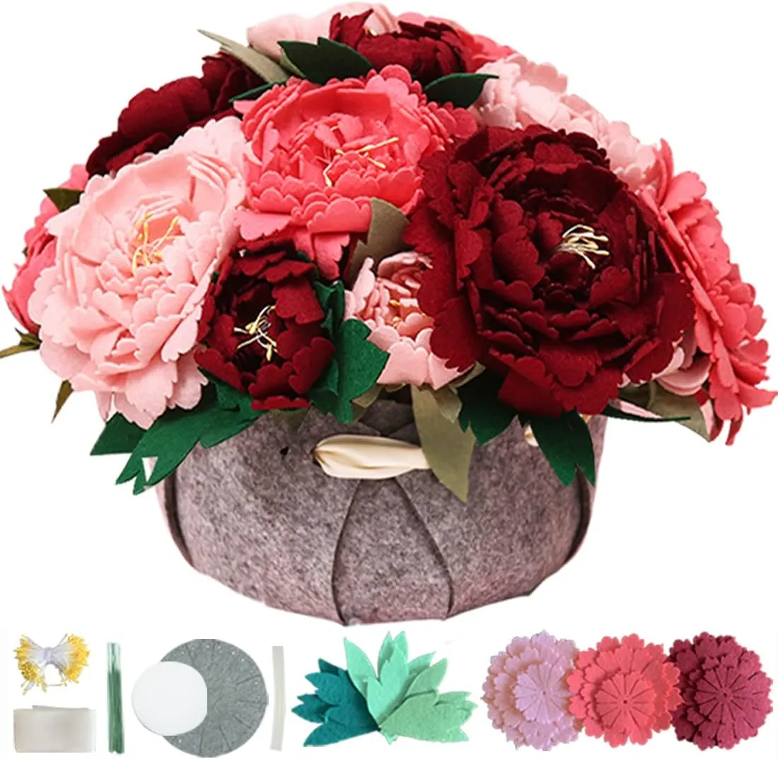 Peonies,Floral Gifts BAZIMA DIY Felt command fauna urbanization Flower Art Craft Kit, DIY Felt Peony Pot Bonsai Kit,18 