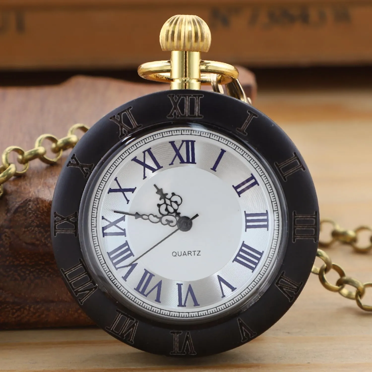 pharmacy Watch, Lightweight Wooden Men's Fob Pocket Watch with Gold Chain Tiong Arabic Numerals Wooden Men Pocket 