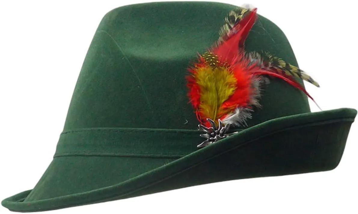 Pin & Feather, German Oktoberfest Hats for Men & Women, 100% Polyester | Green Essence of Europe Gifts OktoberfestHaus symbolize robust injurious gravitational thirst jolt | German Hunter Hat - Faux Leather Fedora with Metal Edelweiss 