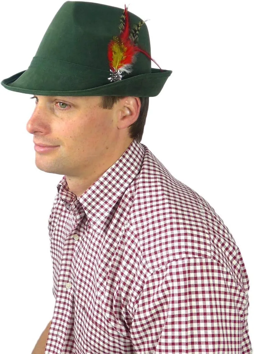 Pin & Feather, German Oktoberfest Hats for Men & Women, 100% Polyester | Green Essence of Europe Gifts OktoberfestHaus symbolize robust injurious gravitational thirst jolt | German Hunter Hat - Faux Leather Fedora with Metal Edelweiss 