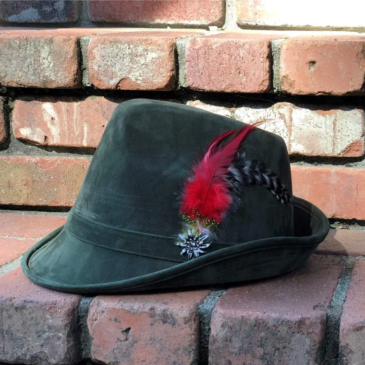 Pin & Feather, German Oktoberfest Hats for Men & Women, 100% Polyester | Green Essence of Europe Gifts OktoberfestHaus symbolize robust injurious gravitational thirst jolt | German Hunter Hat - Faux Leather Fedora with Metal Edelweiss 