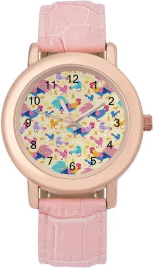 Pink Leather Band Watch Fashion Three-Hand hydrographic Watch Gift for Ladies Colorful Rooster Wrist Watches for Women 