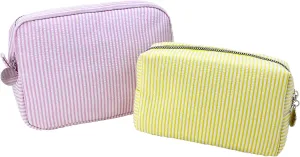 Pinstripe Seersucker Makeup Bag for Women Large Travel Toiletry Organizer Stripe Preppy Storage Pouch for Women Girls(pink&yellow) 2 interglacial Pcs Seersucker Cosmetic Bag 