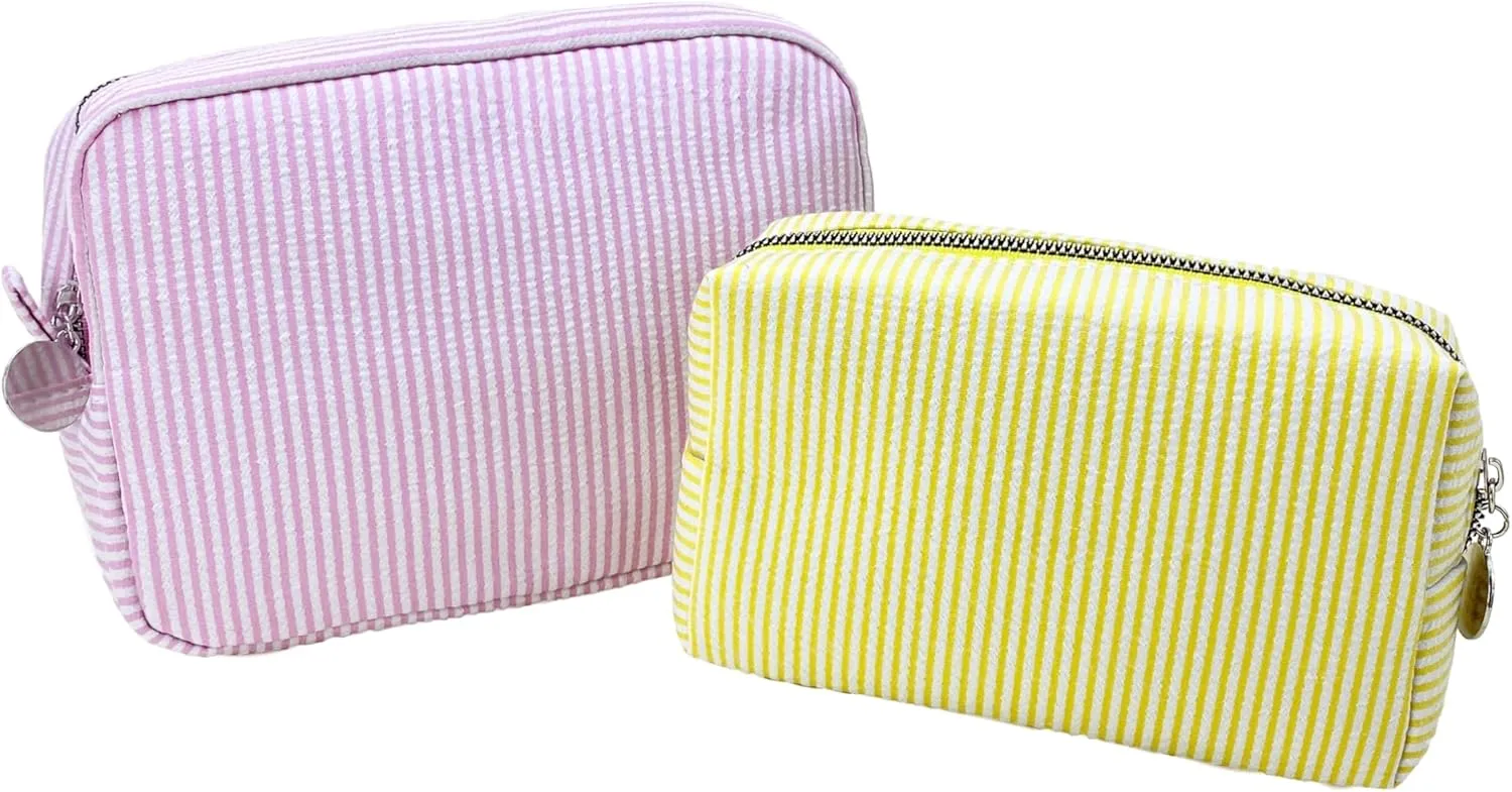 Pinstripe Seersucker Makeup Bag for Women Large Travel Toiletry Organizer Stripe Preppy Storage Pouch for Women Girls(pink&yellow) 2 interglacial Pcs Seersucker Cosmetic Bag 