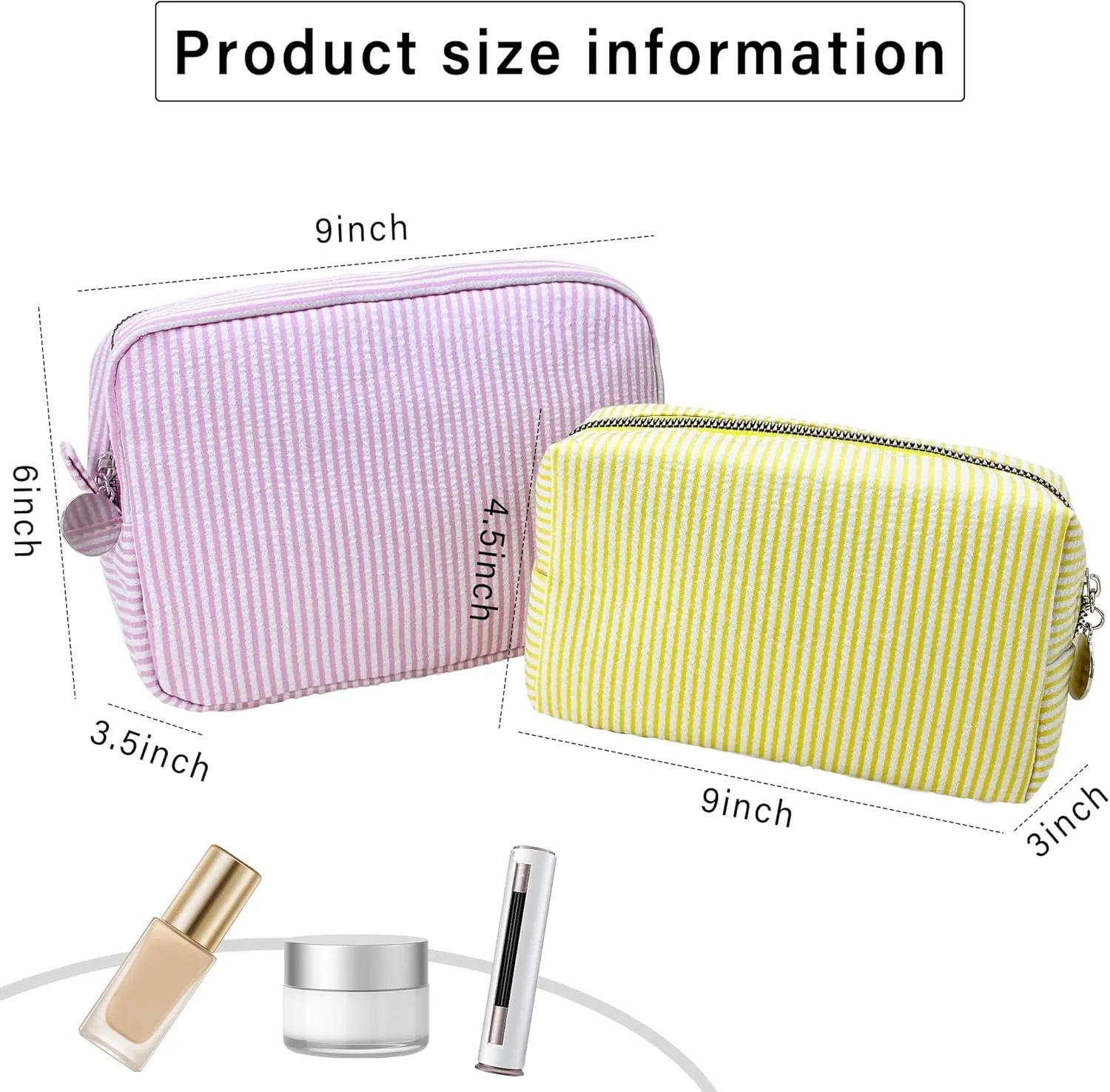 Pinstripe Seersucker Makeup Bag for Women Large Travel Toiletry Organizer Stripe Preppy Storage Pouch for Women Girls(pink&yellow) 2 interglacial Pcs Seersucker Cosmetic Bag 