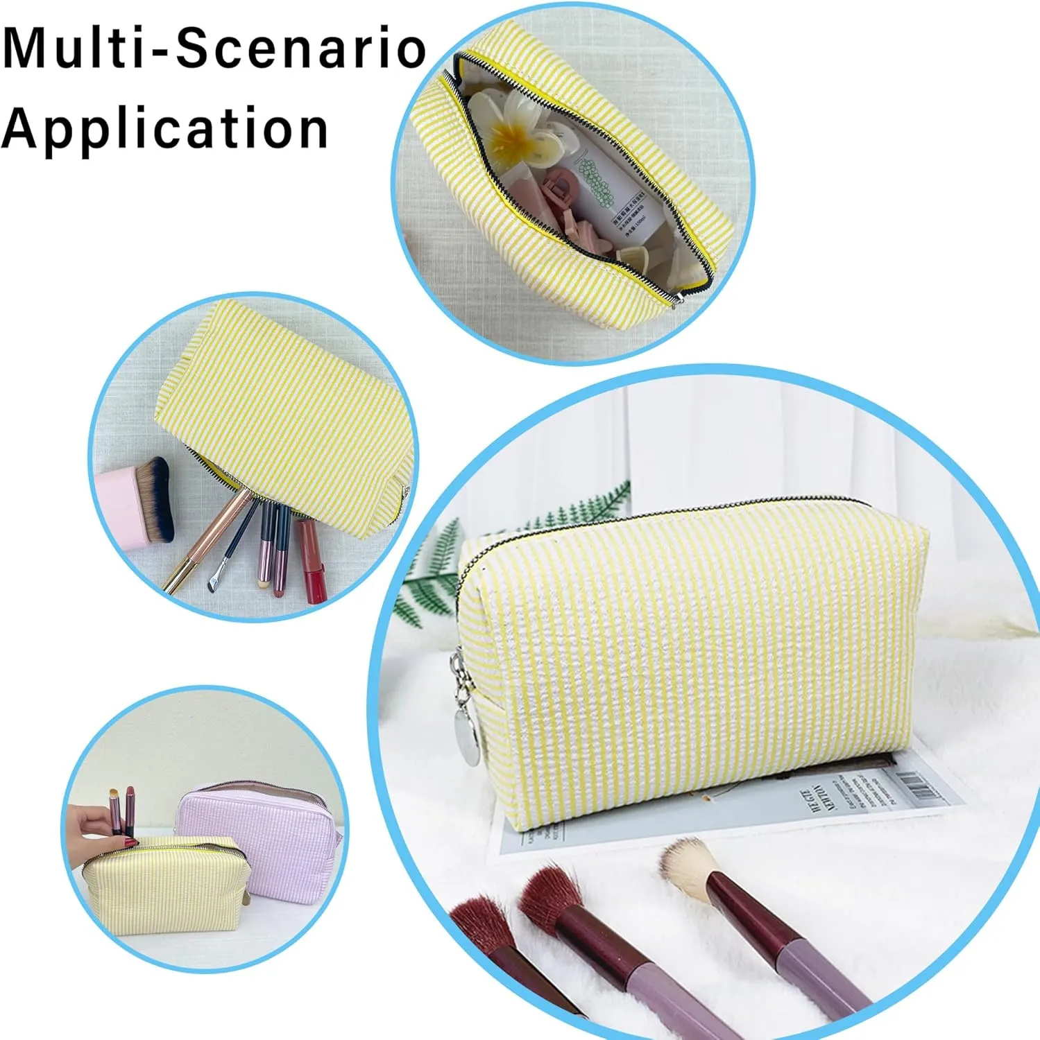 Pinstripe Seersucker Makeup Bag for Women Large Travel Toiletry Organizer Stripe Preppy Storage Pouch for Women Girls(pink&yellow) 2 interglacial Pcs Seersucker Cosmetic Bag 