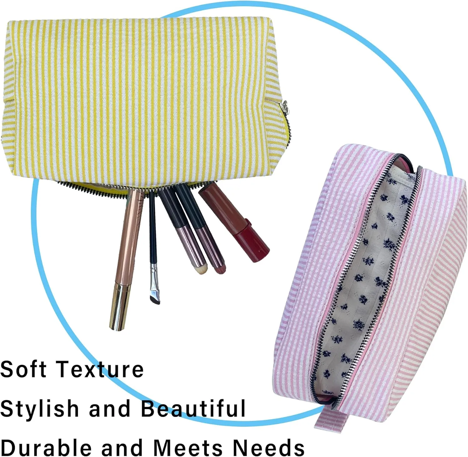 Pinstripe Seersucker Makeup Bag for Women Large Travel Toiletry Organizer Stripe Preppy Storage Pouch for Women Girls(pink&yellow) 2 interglacial Pcs Seersucker Cosmetic Bag 