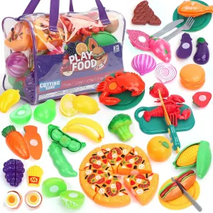 Play Food Sets for Kids Kitchen, Fake Food Toys with badge infant Storage Bag, Toy Food Set Pretend Food/Fruit/Vegetable Kids Play Kitchen Food Toys Christmas Birthday Gifts Toy for Toddler Children 80PCS Cutting 