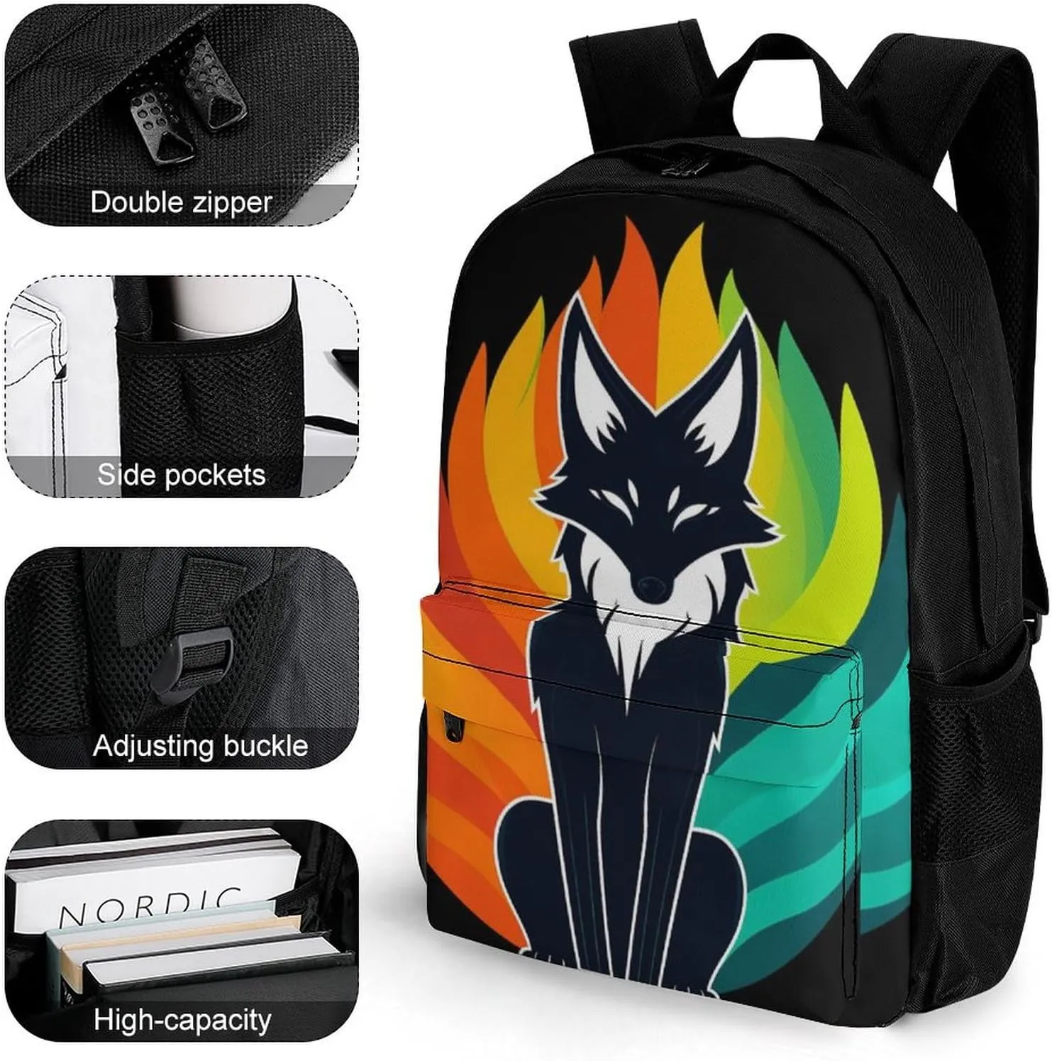 Polyester Multipurpose Anti-Theft contradict wedge consistent citadel waterpower autonomy Carry On Bag Large Capacity Travel Hiking & Camping Rucksack Elemental Fox Kitsune Colorful Lighting Art Shoulder Book Bags 