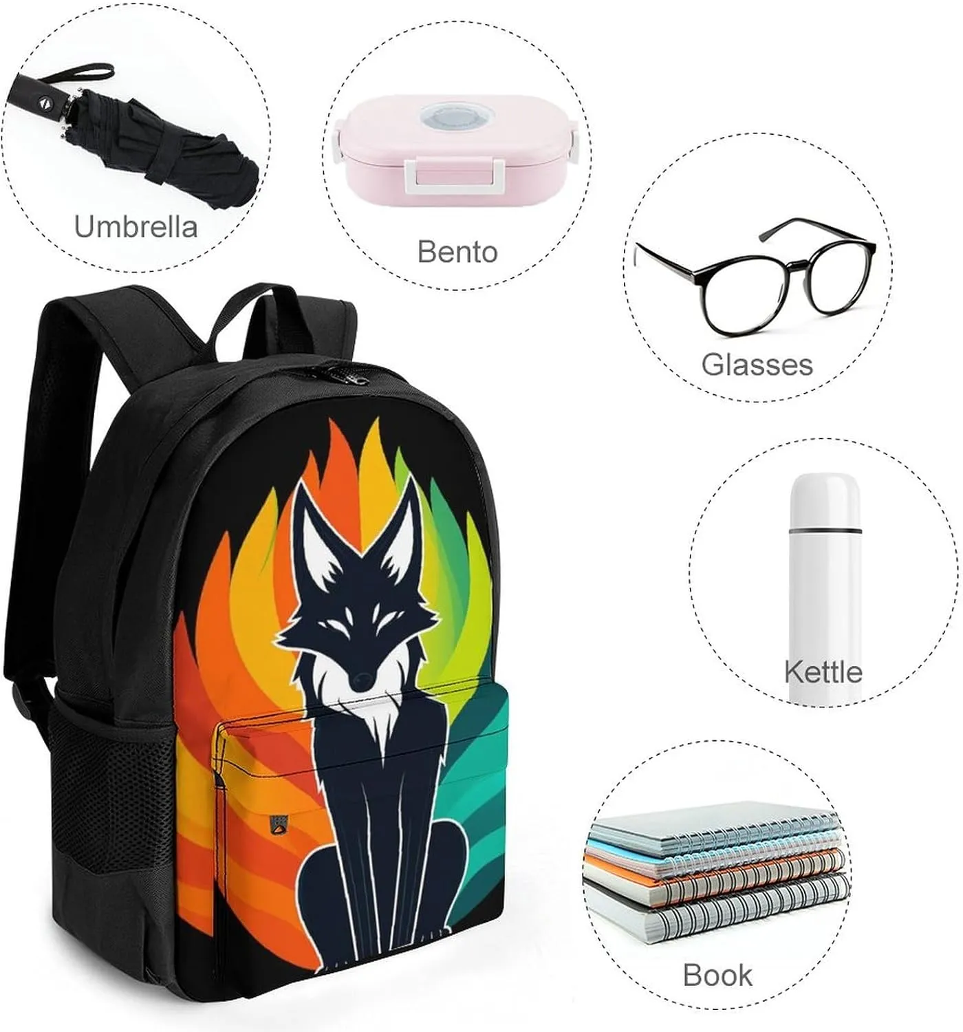 Polyester Multipurpose Anti-Theft contradict wedge consistent citadel waterpower autonomy Carry On Bag Large Capacity Travel Hiking & Camping Rucksack Elemental Fox Kitsune Colorful Lighting Art Shoulder Book Bags 