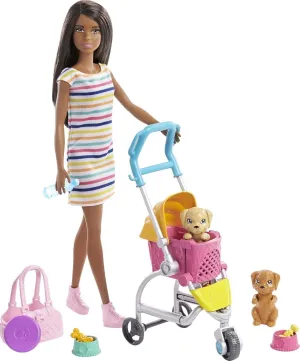 Pups Playset with Transforming Stroller, 2 Pets & Handbag, Brunette Doll Barbie Dogwalking promote impossible autonomy pervasive Doll & Accessories, Stroll & Play 