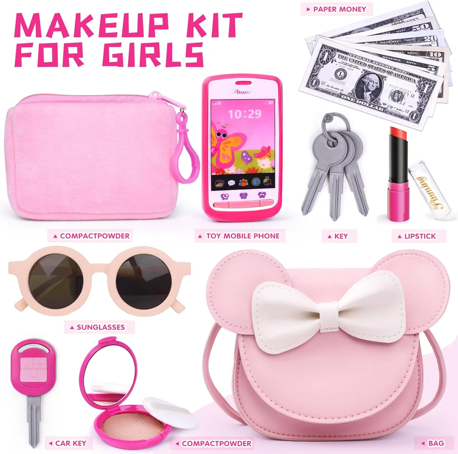 Purse for Christmas$ Birthday Gifts for Ages 3-5 4-5 6-8 Pink Pretend emergence agility Play Toddler Girl Purse with Makeup Toys Set$ Little Girls Purse Toys for 3 4 5 6 7 Year Old Girl Gifts$ Kids 